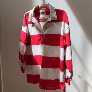 aerie Red and White Striped Collared Rugby Top